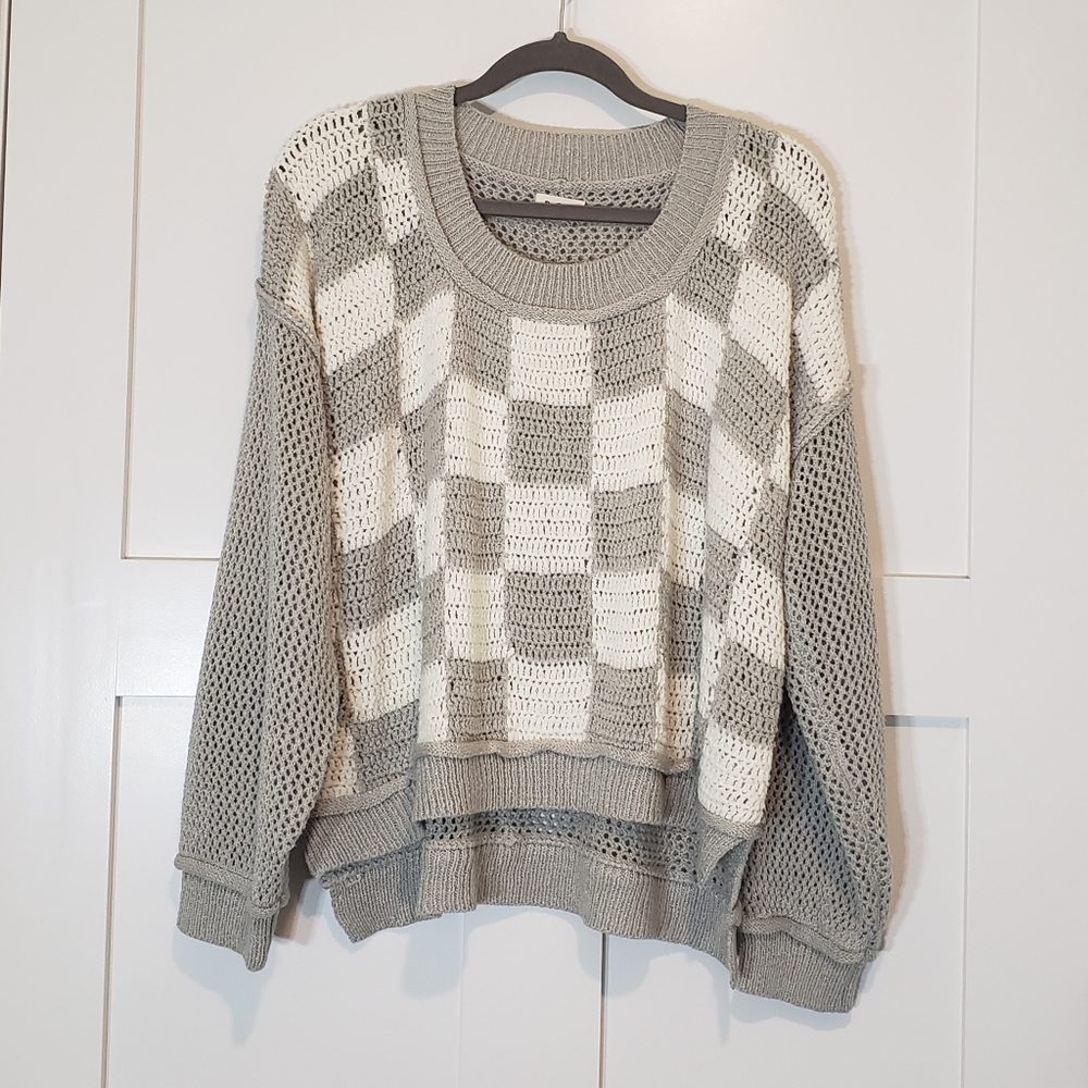 POL Oversized Boxy Open Knit Sweater Green White Checkered Boxes Size Small